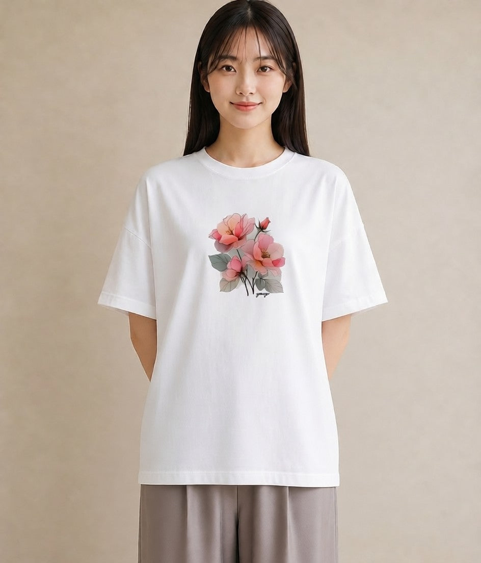 デザインTシャツ レディース 椿 花 花柄 イラスト ポップ 誕生日プレゼント 綿100 白T YMAZO
