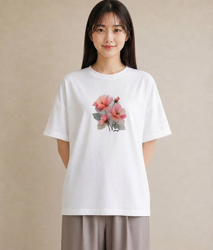 デザインTシャツ レディース 椿 花 花柄 イラスト ポップ 誕生日プレゼント 綿100 白T YMAZO