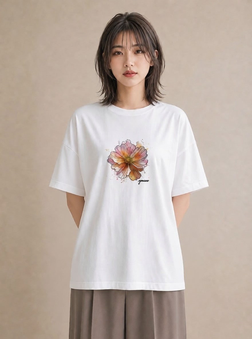 半袖Tシャツ レディース コスモス 秋桜 花 花柄 イラスト 淡色 在宅 公園 白T YMAZO