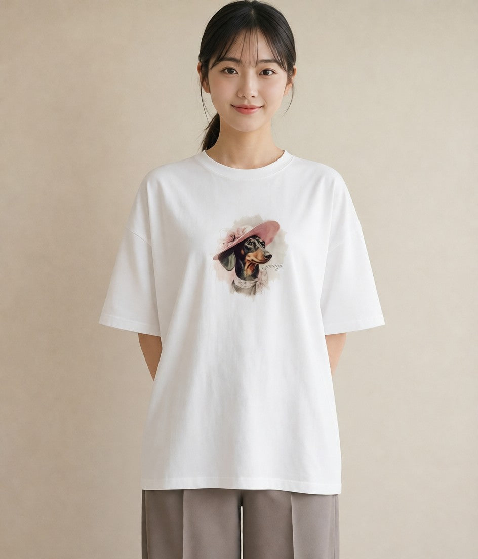半袖Tシャツ レディース ミニチュアダックスフンド 犬 いぬ イラスト シック 夏コーデ 通学 白T YMAZO