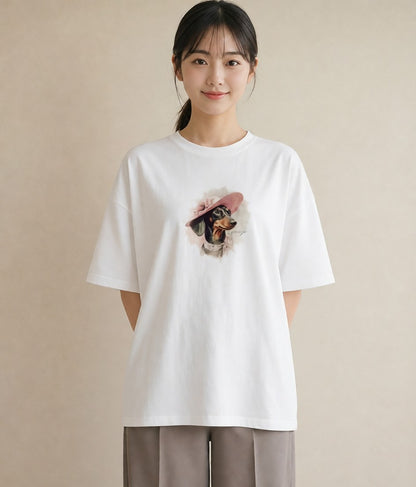 半袖Tシャツ レディース ミニチュアダックスフンド 犬 いぬ イラスト シック 夏コーデ 通学 白T YMAZO