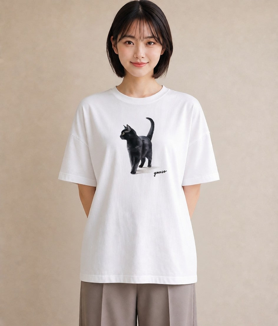 デザインTシャツ レディース サビ猫 猫 ねこ イラスト カフェコーデ 送別ギフト 通勤 白T YMAZO