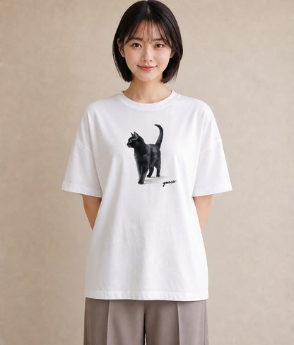 デザインTシャツ レディース サビ猫 猫 ねこ イラスト カフェコーデ 送別ギフト 通勤 白T YMAZO