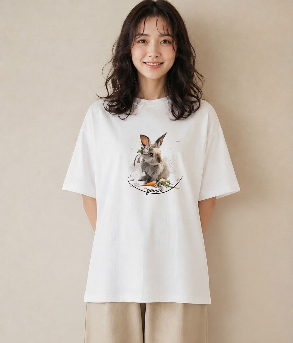 半袖Tシャツ レディース ウサギ系野生 動物 アニマル イラスト ナチュラル ホワイトデー 春服 白T YMAZO