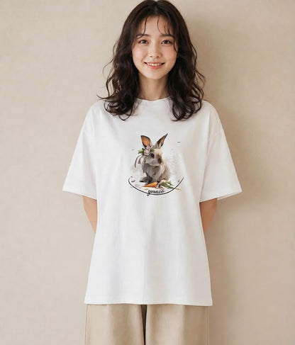 半袖Tシャツ レディース ウサギ系野生 動物 アニマル イラスト ナチュラル ホワイトデー 春服 白T YMAZO