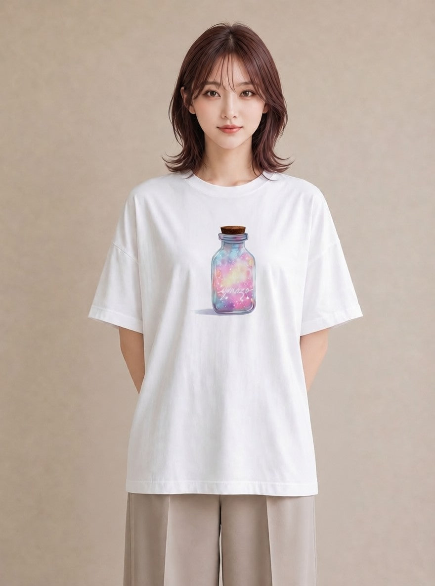 半袖Tシャツ レディース ガラス瓶 小枝 ボタニカル ナチュラル アンティーク イラスト 抜け感 自分用 ルームウェア 白T YMAZO