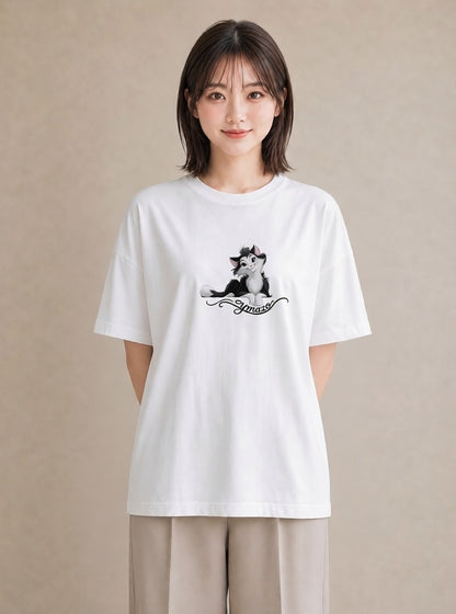 デザインTシャツ レディース 靴下猫 猫 ねこ イラスト きれいめカジュアル カフェ巡り 女子会 白T YMAZO