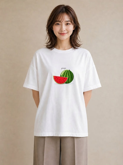 プリントTシャツ レディース すいか 食べ物 フード イラスト ラフカジュアル 在宅 公園 白T YMAZO