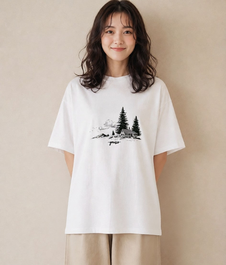 プリントTシャツ レディース 湖畔の小屋 湖 小屋 ナチュラル アンティーク イラスト きれいめカジュアル 敬老の日 ホワイトデー 白T YMAZO