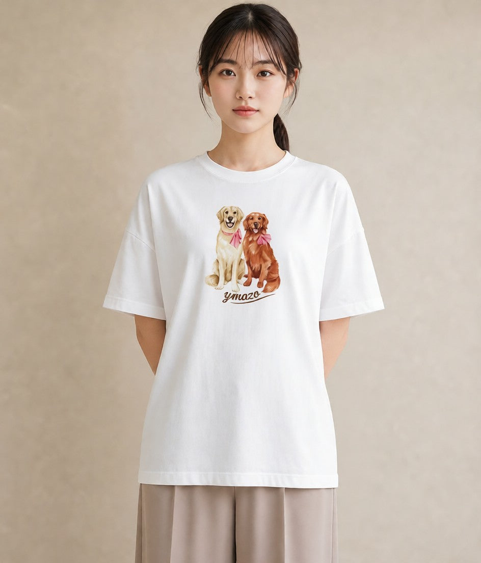 グラフィックTシャツ レディース ゴールデンレトリバー ゴールデン 犬 いぬ イラスト ヴィンテージ風 レイヤード 友達ギフト 白T YMAZO
