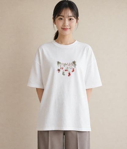 Tシャツ レディース 洗濯物 風 ナチュラル アンティーク イラスト ガーリー 買い物 夏コーデ 白T YMAZO