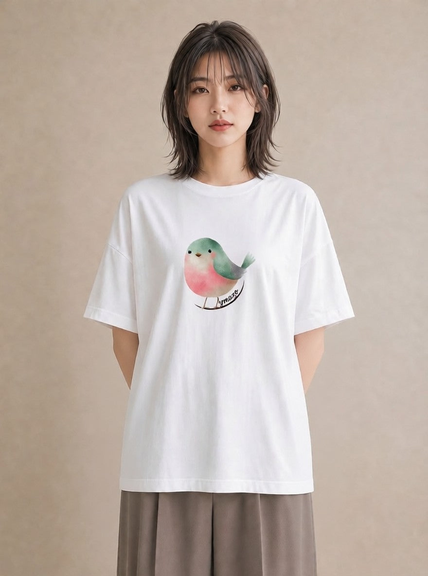Tシャツ レディース ボタンインコ ペット 動物 イラスト 普段使い ママ カフェ服 白T YMAZO