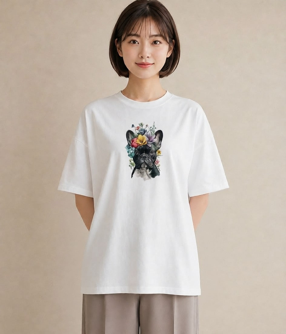 デザインTシャツ レディース フレンチブルドッグ フレブル 犬 いぬ イラスト カフェ服 クリスマス 白T YMAZO