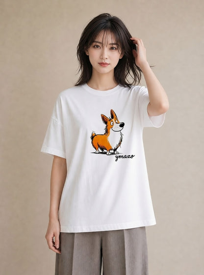 半袖Tシャツ レディース ウェルシュコーギー コーギー 犬 いぬ イラスト 上品 春服 ミセス 白T YMAZO