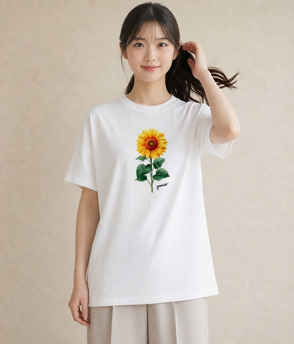 プリントTシャツ レディース ひまわり 向日葵 花 花柄 イラスト シンプル ビーチ デイリーウェア 白T YMAZO