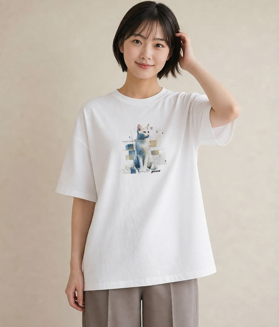 Tシャツ レディース ロシアンブルー 猫 ねこ イラスト ラフカジュアル 女性 旅行用 白T YMAZO