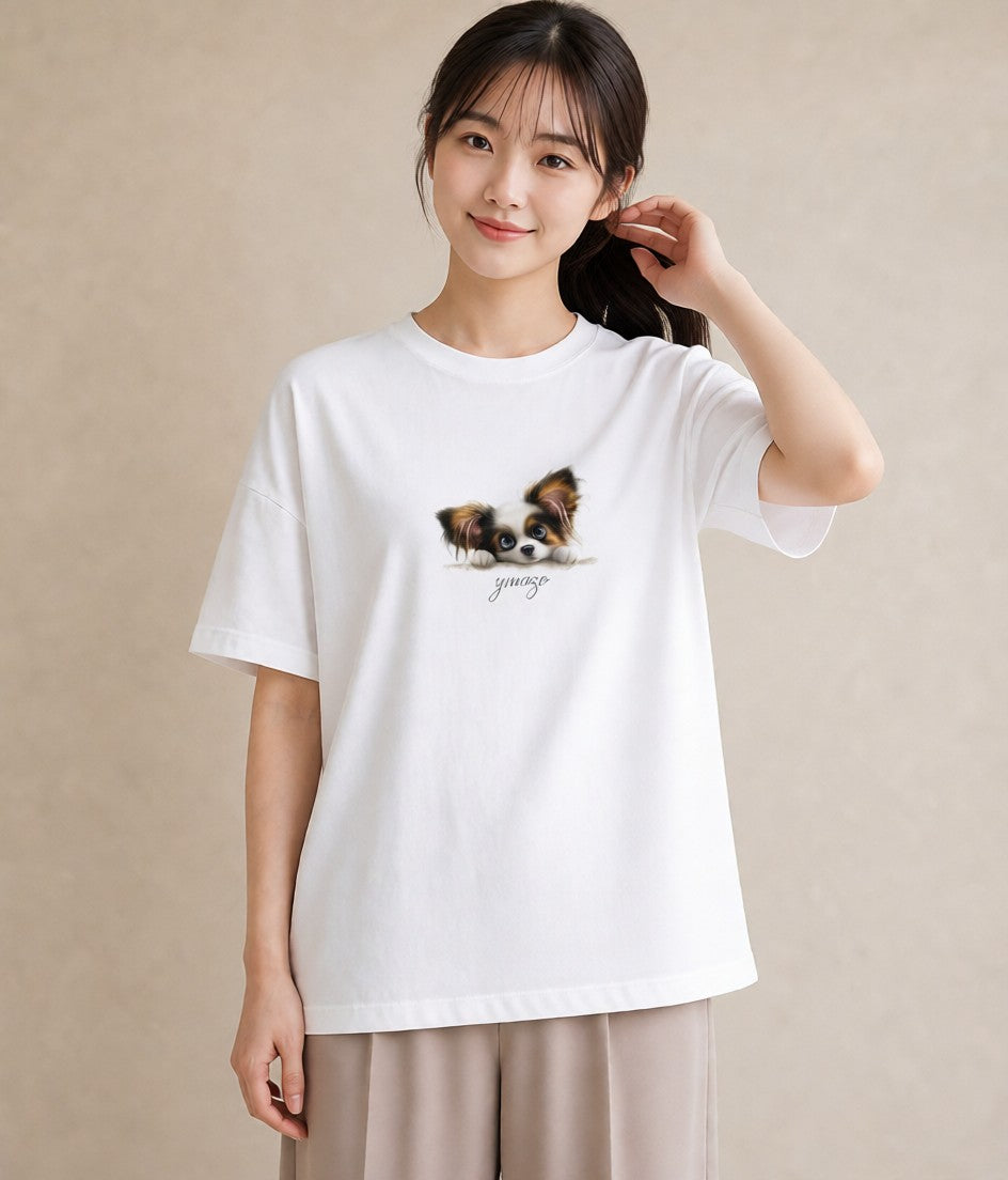 プリントTシャツ レディース パピヨン 犬 いぬ イラスト アート風 夏コーデ 通学 白T YMAZO