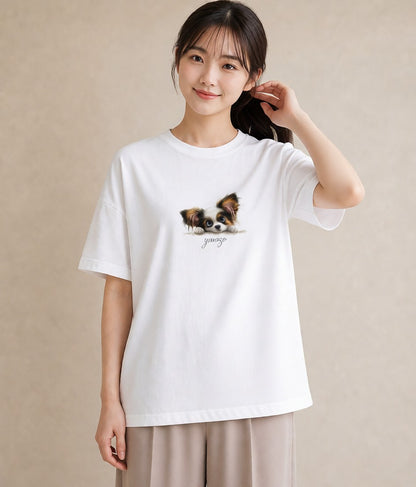 プリントTシャツ レディース パピヨン 犬 いぬ イラスト アート風 夏コーデ 通学 白T YMAZO