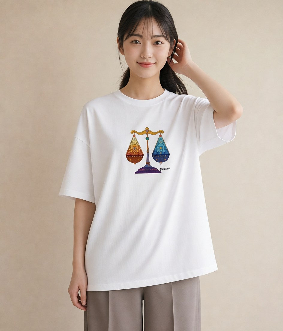 デザインTシャツ レディース 天秤座 星空 宇宙 イラスト 上品 週末コーデ 敬老の日 白T YMAZO