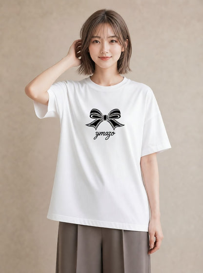 プリントTシャツ レディース リボン 蝶結び ナチュラル アンティーク イラスト カフェ服 クリスマス 白T YMAZO