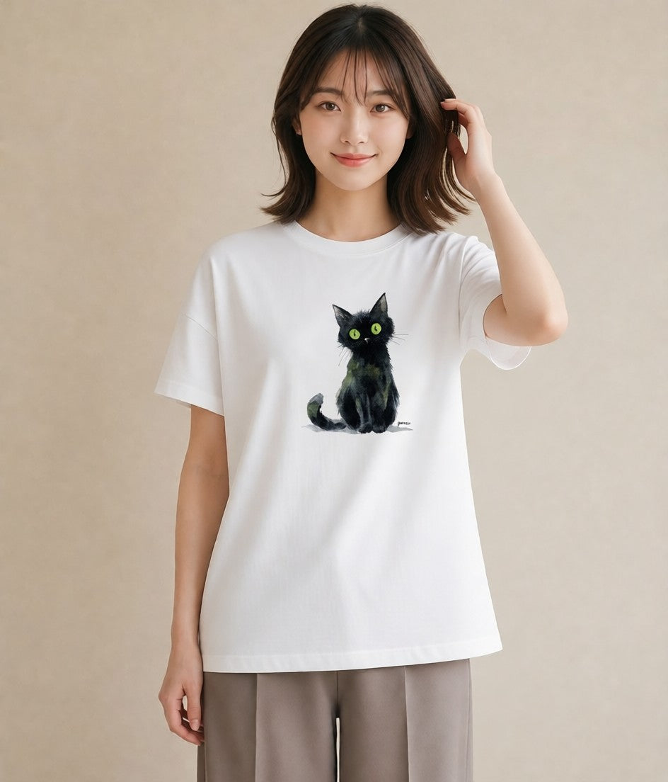 デザインTシャツ レディース 黒猫 猫 ねこ イラスト アート風 母娘コーデ 自分用 白T YMAZO