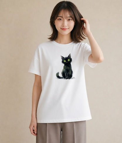 デザインTシャツ レディース 黒猫 猫 ねこ イラスト アート風 母娘コーデ 自分用 白T YMAZO