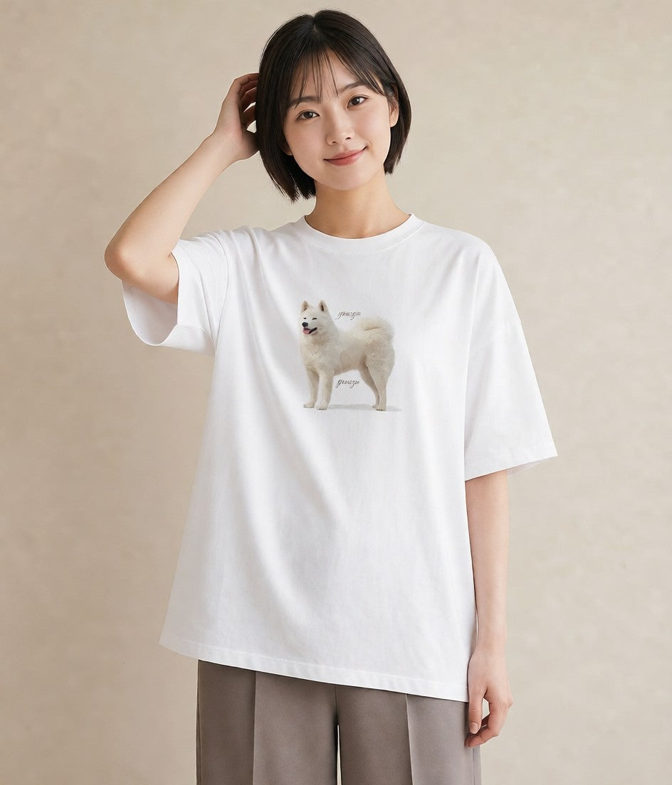 デザインTシャツ レディース サモエド 犬 いぬ イラスト 夏コーデ 通学 白T YMAZO