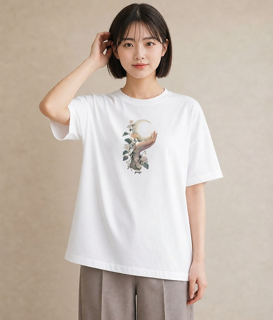 半袖Tシャツ レディース 三日月 星空 宇宙 イラスト 北欧風 女性向けギフト 散歩 白T YMAZO