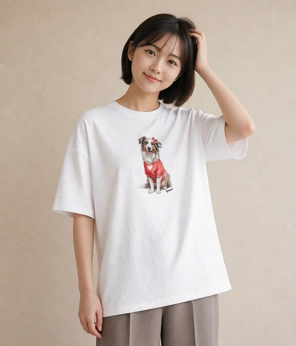 デザインTシャツ レディース ボーダーコリー 犬 いぬ イラスト アート風 カフェ服 クリスマス 白T YMAZO