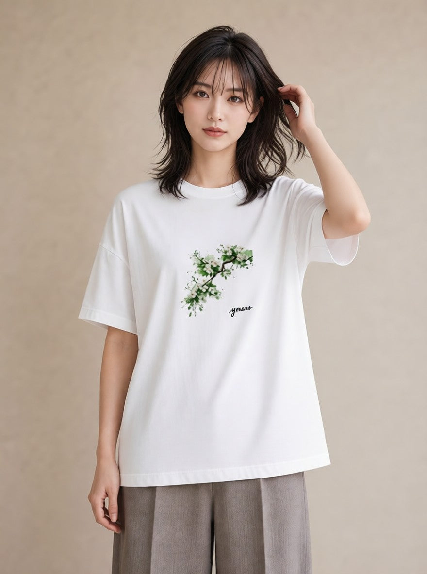 デザインTシャツ レディース 梅 花 花柄 イラスト 休日コーデ 綿100 デート 白T YMAZO