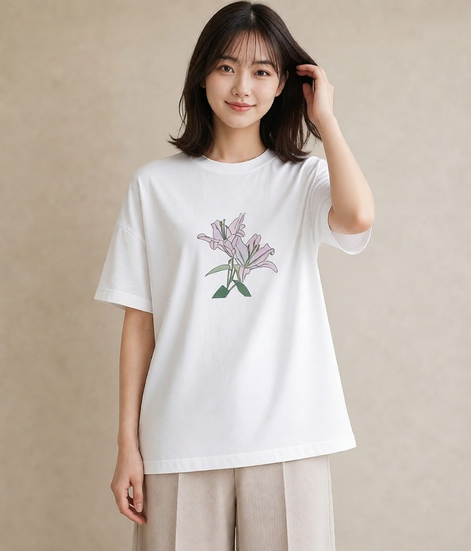 プリントTシャツ レディース ゆり 百合 花 花柄 イラスト 北欧風 旅行 母娘コーデ 白T YMAZO