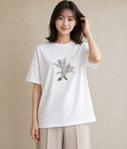 プリントTシャツ レディース ゆり 百合 花 花柄 イラスト 北欧風 旅行 母娘コーデ 白T YMAZO
