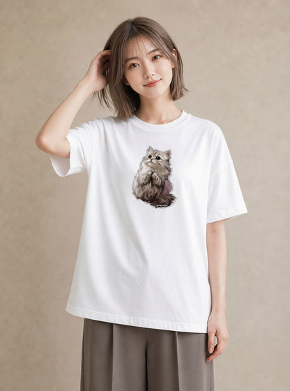 半袖Tシャツ レディース ソマリ 猫 ねこ イラスト 上品 デイリーウェア 休日 白T YMAZO