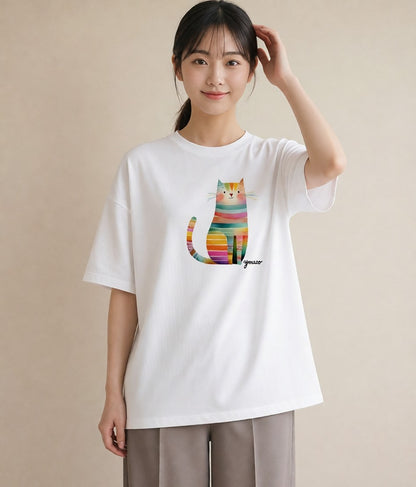 グラフィックTシャツ レディース ニャンコ 猫 ねこ イラスト 水彩風 女性 旅行用 白T YMAZO