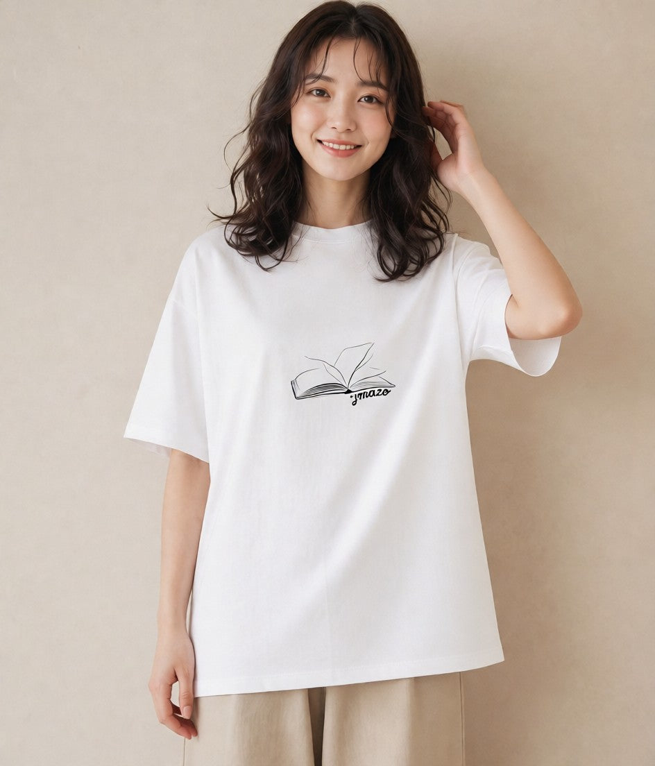 プリントTシャツ レディース 本 読書 ブック イラスト レトロ 敬老の日 ホワイトデー 白T YMAZO