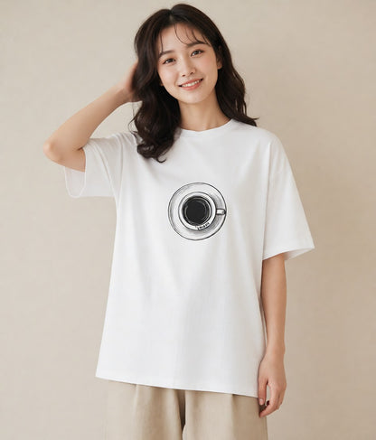 デザインTシャツ レディース コーヒー カフェ 珈琲 イラスト 線画 買い物 夏コーデ 白T YMAZO