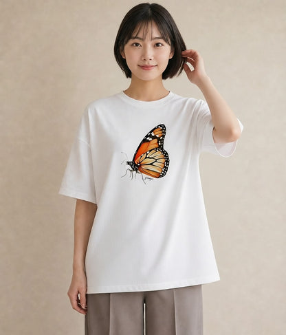 デザインTシャツ レディース ちょうちょ 蝶 バタフライ 昆虫 虫 イラスト アート風 女性向けギフト 散歩 白T YMAZO