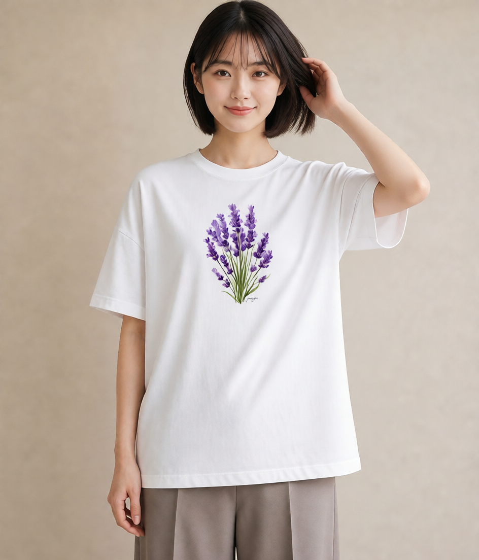半袖Tシャツ レディース ラベンダー 花 花柄 イラスト ラフカジュアル 通学 誕生日プレゼント 白T