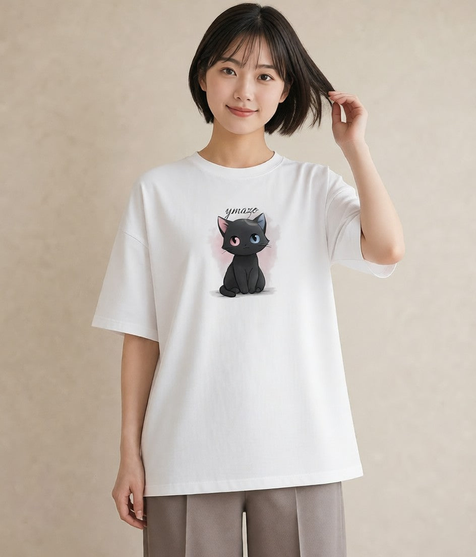 プリントTシャツ レディース 黒猫 猫 ねこ イラスト 手描き風 友達ギフト 部屋着 白T YMAZO