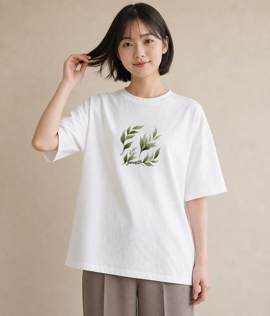 プリントTシャツ レディース シダ 植物 ボタニカル イラスト モード 春服 ミセス 白T YMAZO