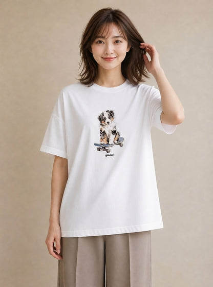 プリントTシャツ レディース ボーダーコリー 犬 いぬ イラスト ヴィンテージ風 公園 ママ 白T YMAZO