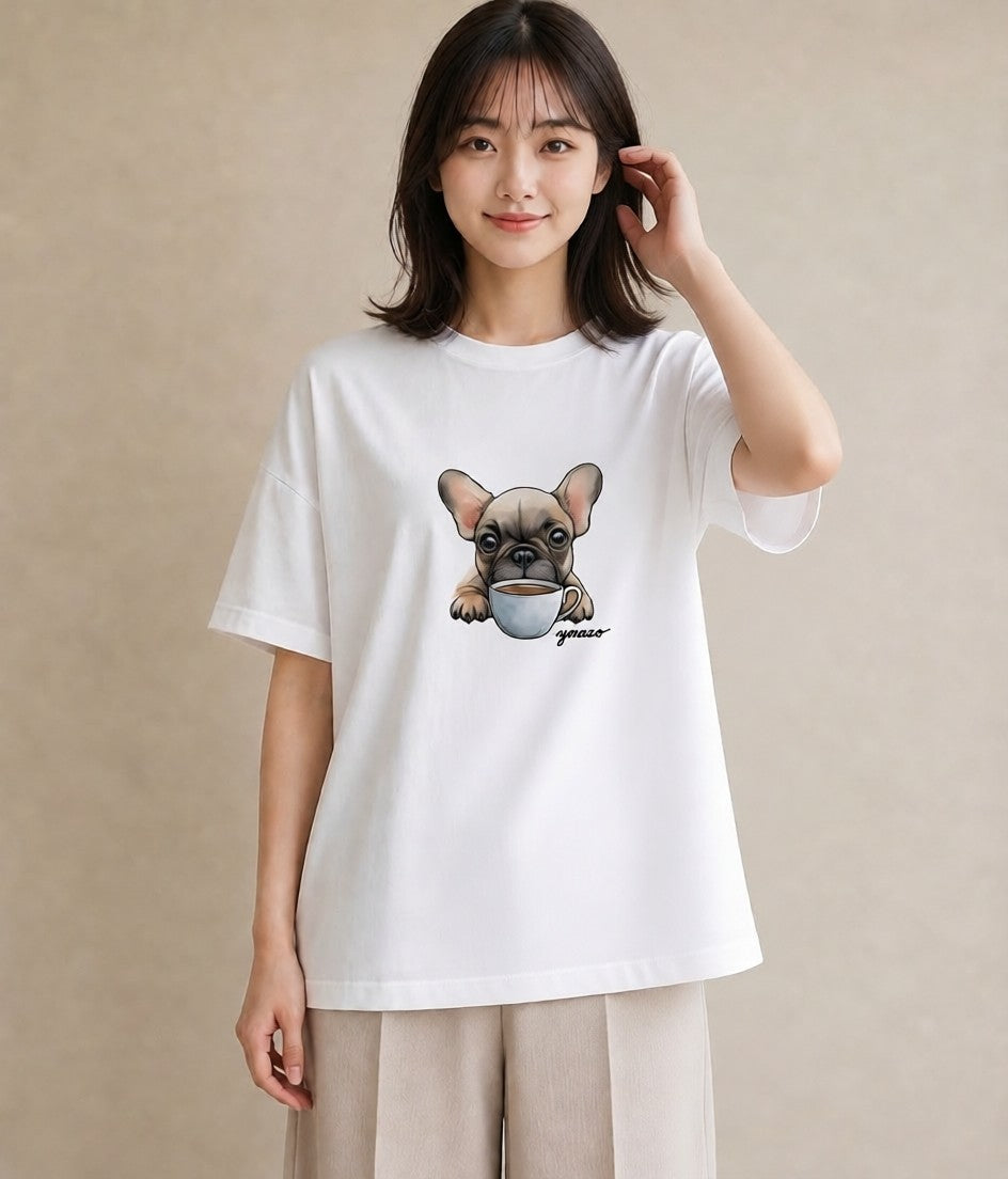 デザインTシャツ レディース フレンチブルドッグ フレブル 犬 いぬ イラスト ガーリー デート 帰省 白T YMAZO