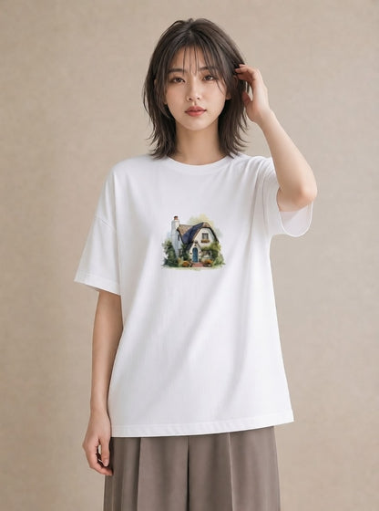 プリントTシャツ レディース 湖畔の小屋 湖 小屋 ナチュラル アンティーク イラスト ヴィンテージ風 秋コーデ おしゃれギフト 白T YMAZO