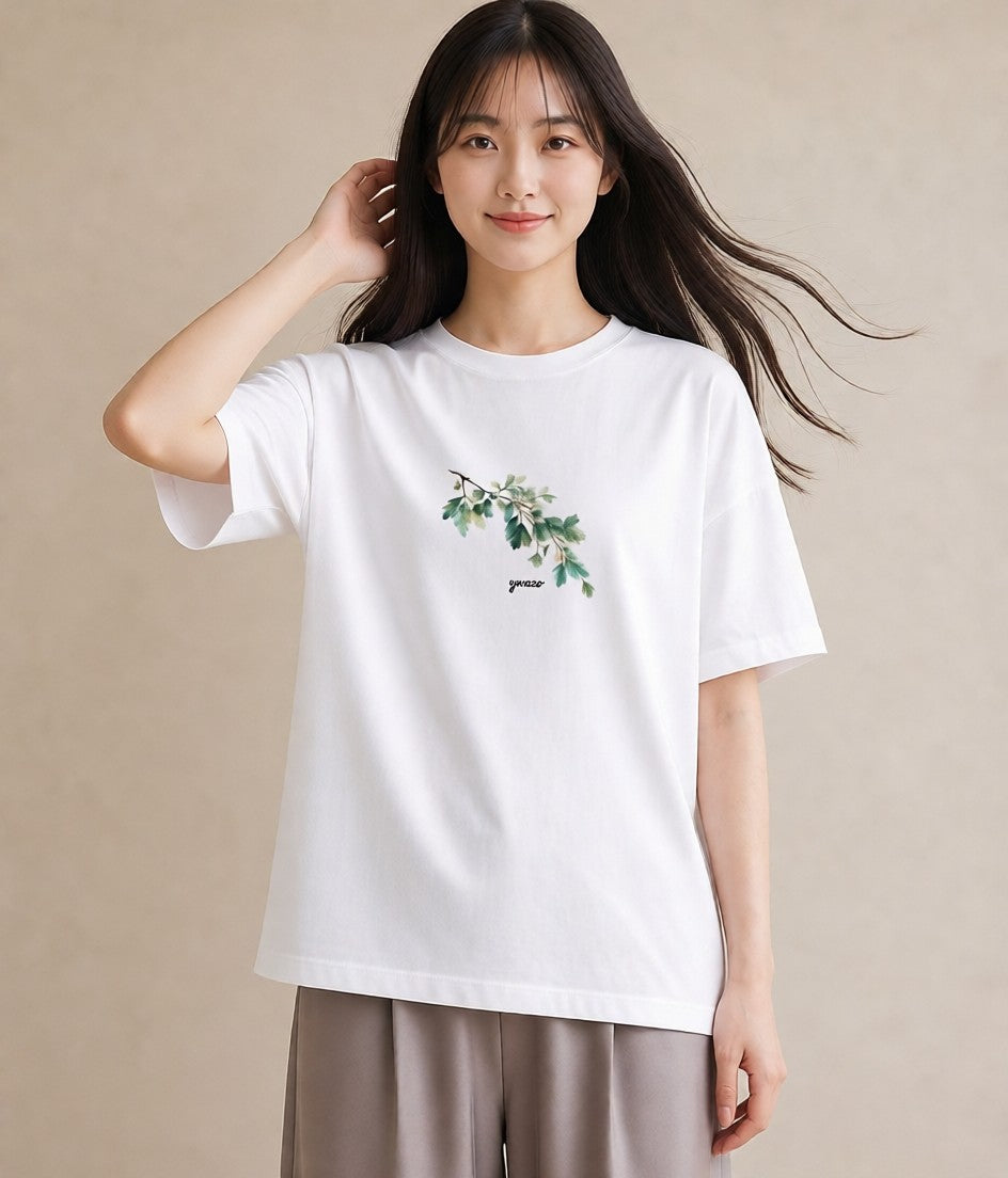 Tシャツ レディース 葉っぱ 植物 ボタニカル イラスト ミニマル 海 カフェ巡り 白T YMAZO