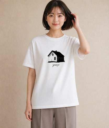 グラフィックTシャツ レディース 湖畔の小屋 湖 小屋 ナチュラル アンティーク イラスト 上品 クリスマス 旅行 白T YMAZO