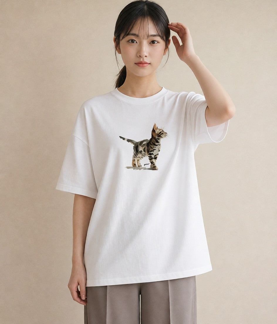 デザインTシャツ レディース 猫 ねこ イラスト アート風 海 カフェ巡り 白T YMAZO