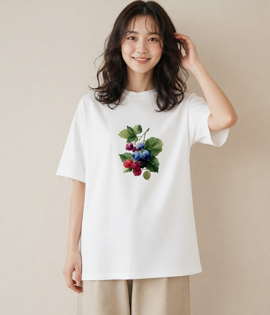 デザインTシャツ レディース ブルーベリー 食べ物 フード イラスト 手描き風 お揃い 親子 白T YMAZO