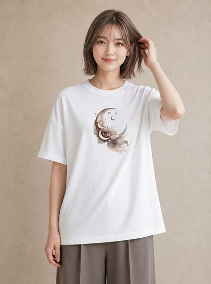 プリントTシャツ レディース 満月 星空 宇宙 イラスト ゆるかわ レイヤード 友達ギフト 白T YMAZO