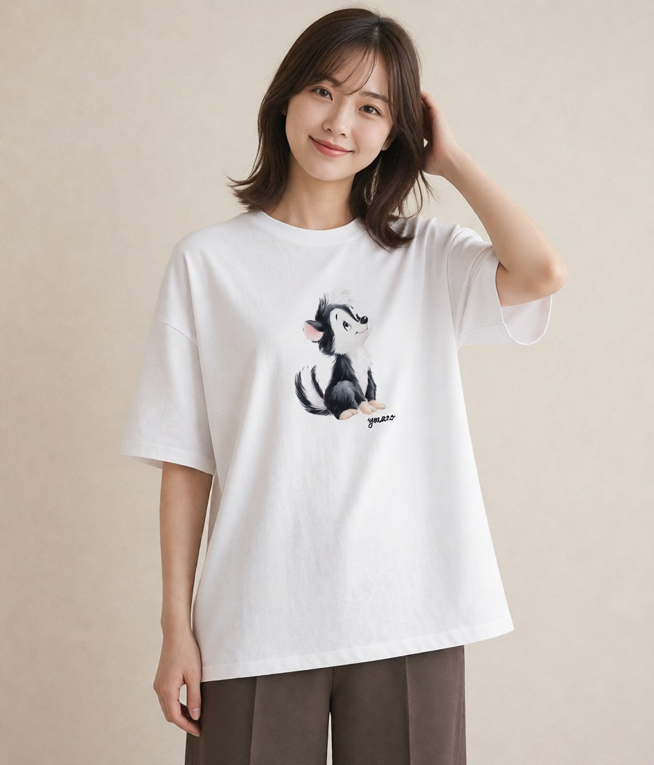 プリントTシャツ レディース 子犬 犬 いぬ イラスト きれいめ 在宅 公園 白T YMAZO