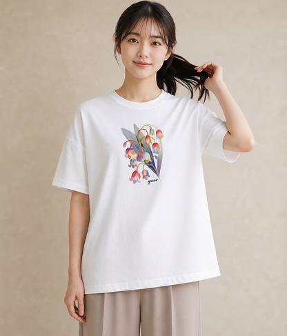 Tシャツ レディース すずらん 花 花柄 イラスト 線画 カフェ服 クリスマス 白T